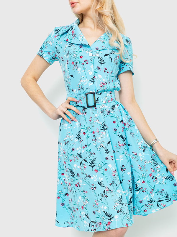 Платье А-силуэта голубое с цветочным принтом | 6280662
