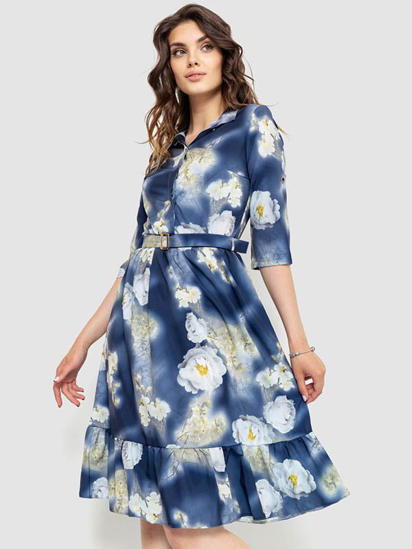 Платье синее в цветочный принт | 6351316