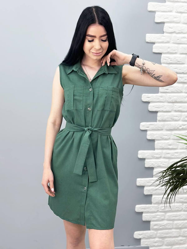 Платье-рубашка зеленое льняное | 6366839