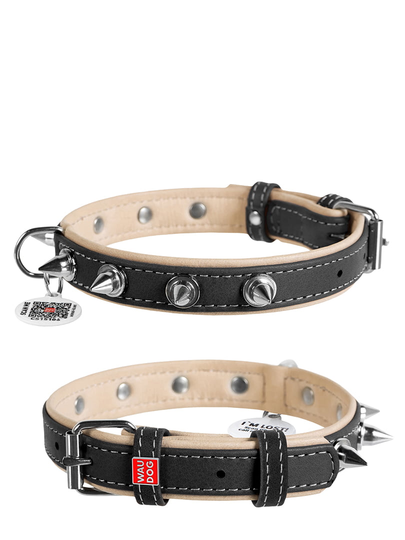 Кожаный ошейник для собак Soft с шипами черный верх 30-39 см 20 мм | 6390739