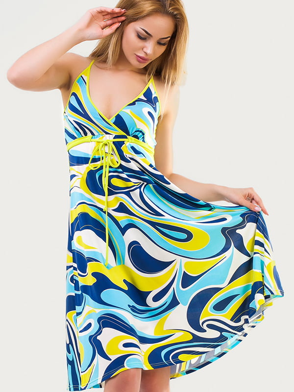 Платье голубое с абстрактным принтом | 6384042