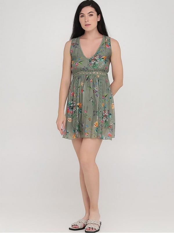 Сукня А-силуету оливкова з квітковим принтом | 6432367