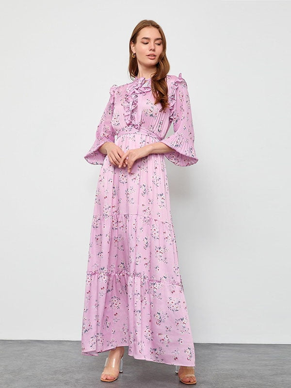 Платье А-силуэта розовое с цветочным узором | 6438098