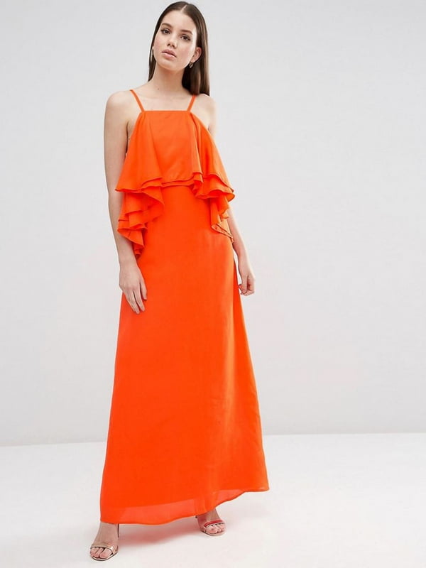 Яркое платье макси с воланами оранжевое | 6440400