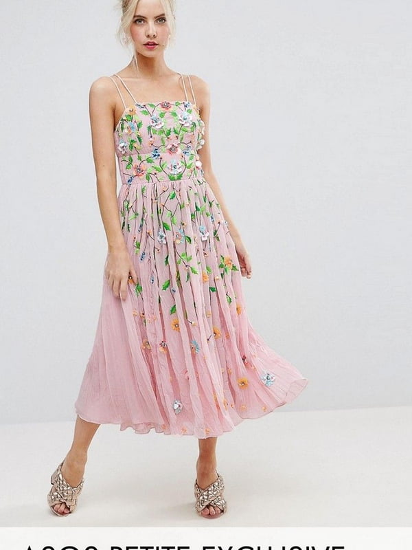 Платье А-силуэта миди с цветочным принтом розовое | 6440490