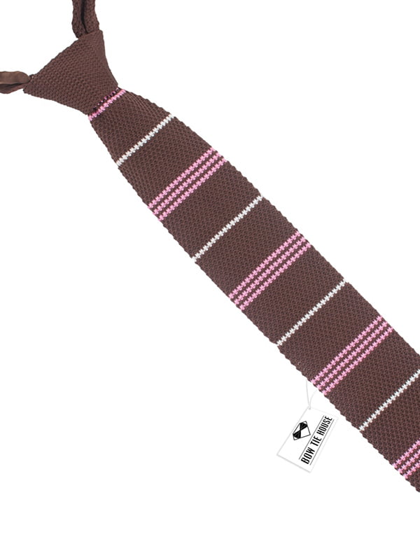 Краватка трикотажна коричнева в біло-рожеву смужку | 6458876
