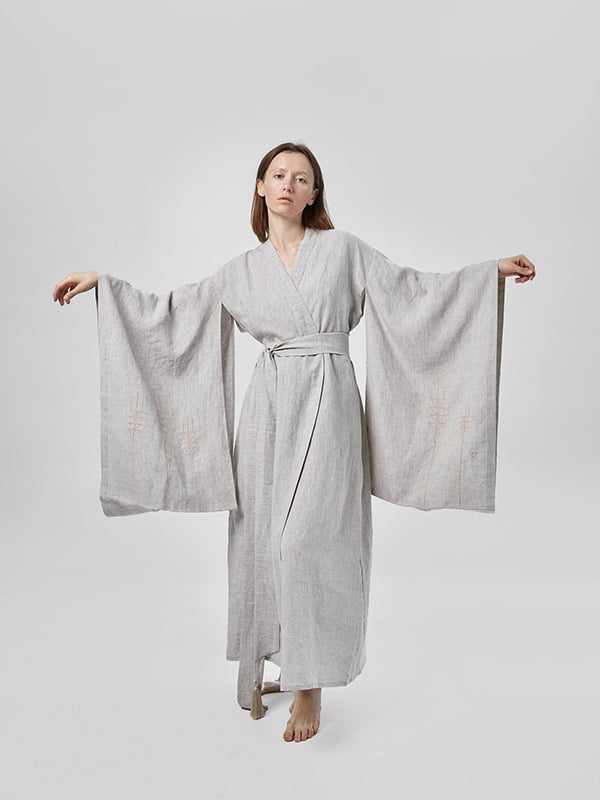 Сукня-кімоно з льону в японському стилі з вишивкою. Колекція "Колоски" | 6502685