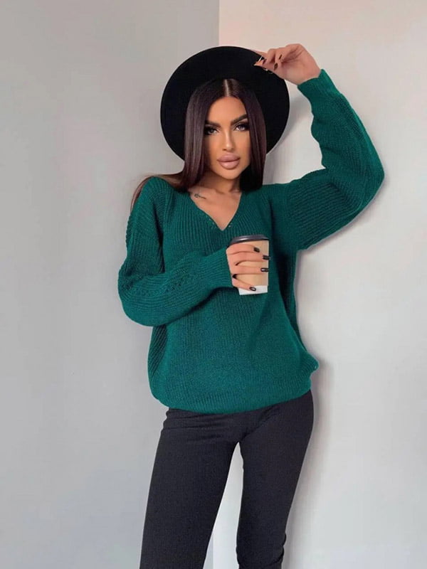 Вовняний темно-зелений пуловер із вирізом | 6506071