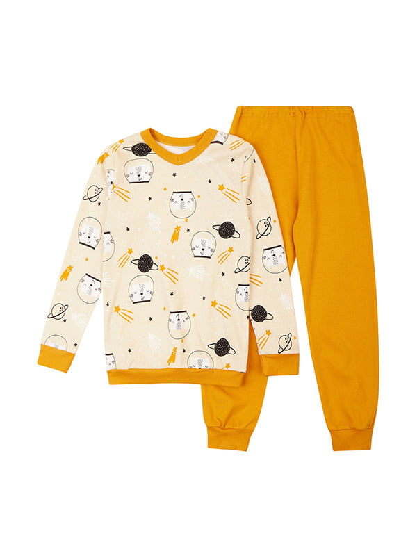 Піжама гірчичного кольору з котами: світшот та штани | 6514180