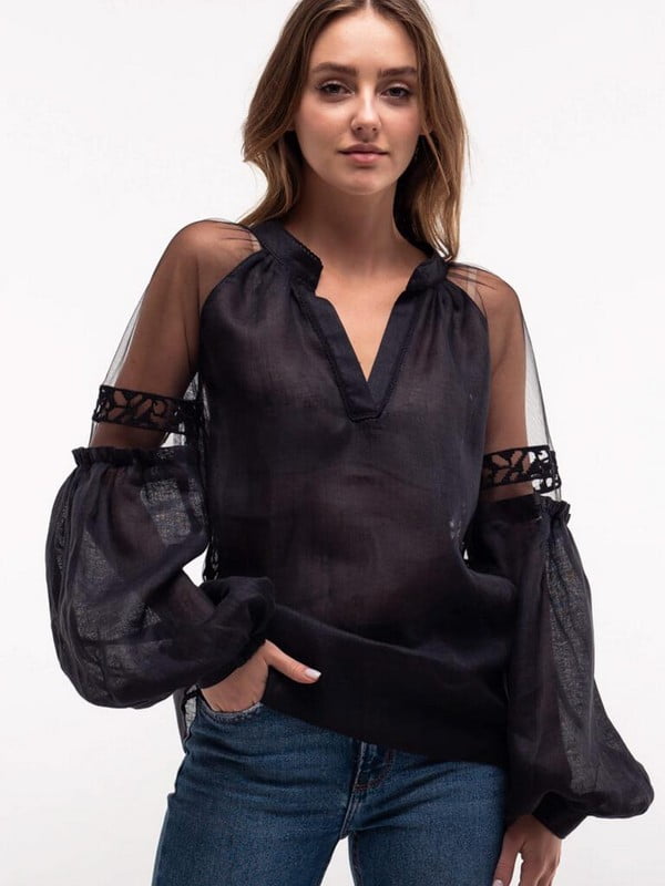 Льняна чорна блуза-вишиванка “Серпанок” | 6547466