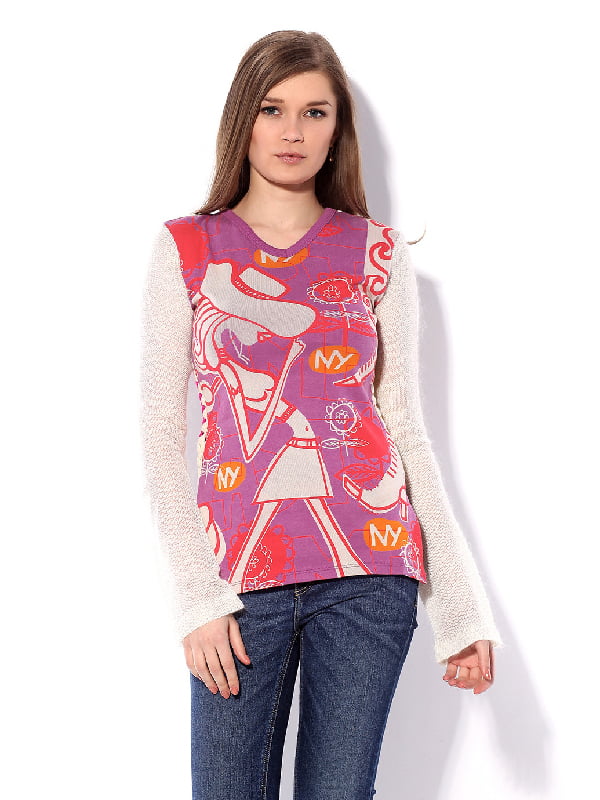Пуловер молочно-бузкового кольору з малюнком | 1048099