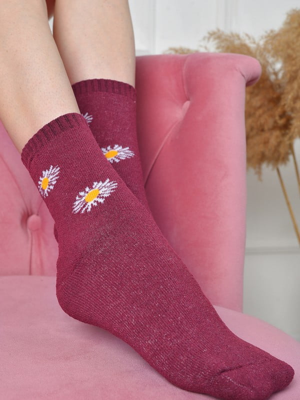 Носки махровые бордовые с цветочным рисунком | 6577598