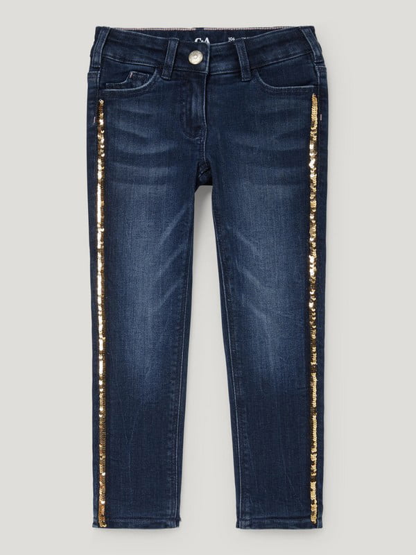 Темно-сині джинси з декором із золотистих паєток | 6578879