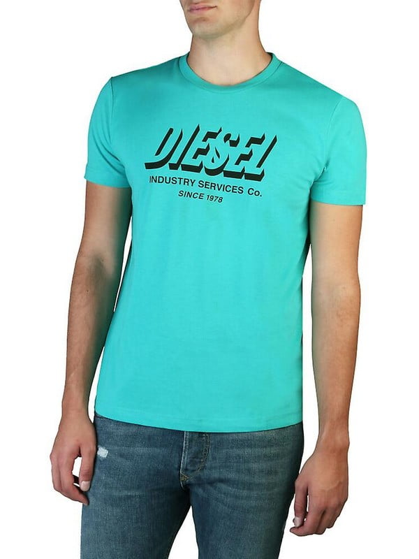 Хлопковая футболка бирюзовая с логотипом бренда спереди | 6581756