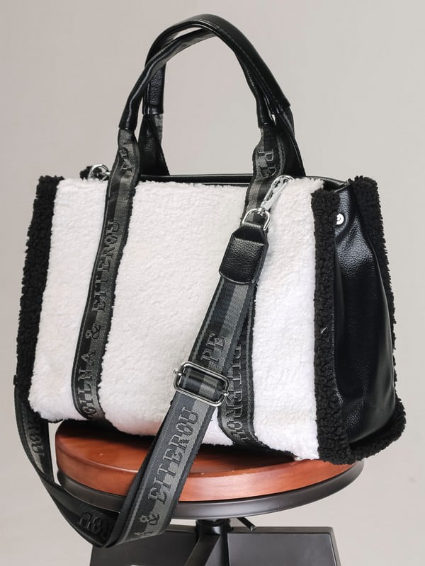 Біло-чорна комбінована сумка-тоут з логотипом бренду | 6584332