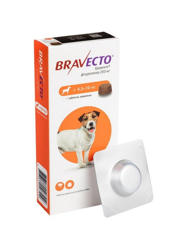 Bravecto таблетка від бліх та кліщів 250 мг. для маленьких собак вагою від 4,5 до 10 кг. | 6612129