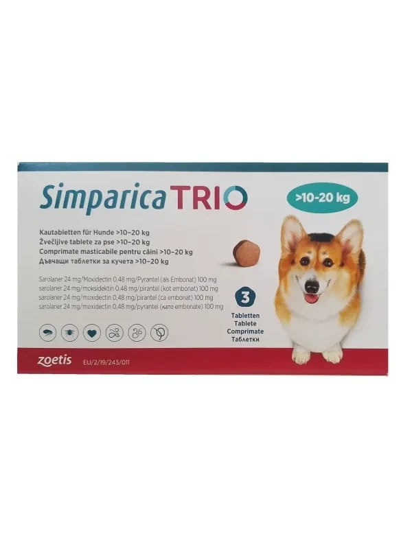 Simparica TRIO таблетки від бліх, кліщів та гельмінтів для середніх собак вагою від 10 до 20 кг 1 таблетка | 6612941