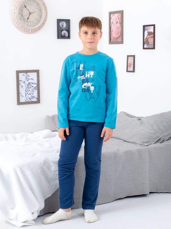 Пижама синяя с принтом: лонгслив и брюки | 6616356