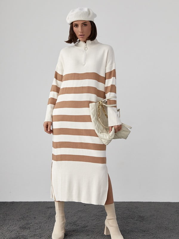 В&#39;язана сукня- светр молочного кольору в смужку фасону oversize | 6616636