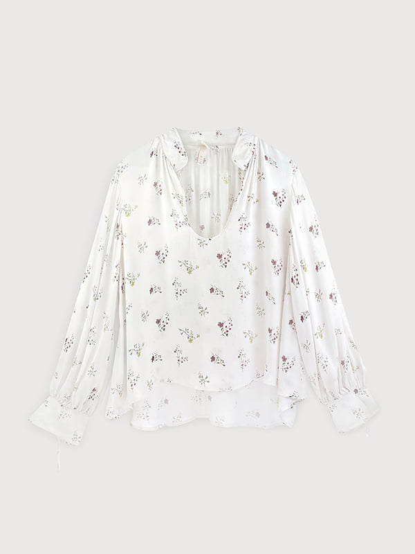 Белая блуза в цветочный принт с завязками на рукавах | 6631226