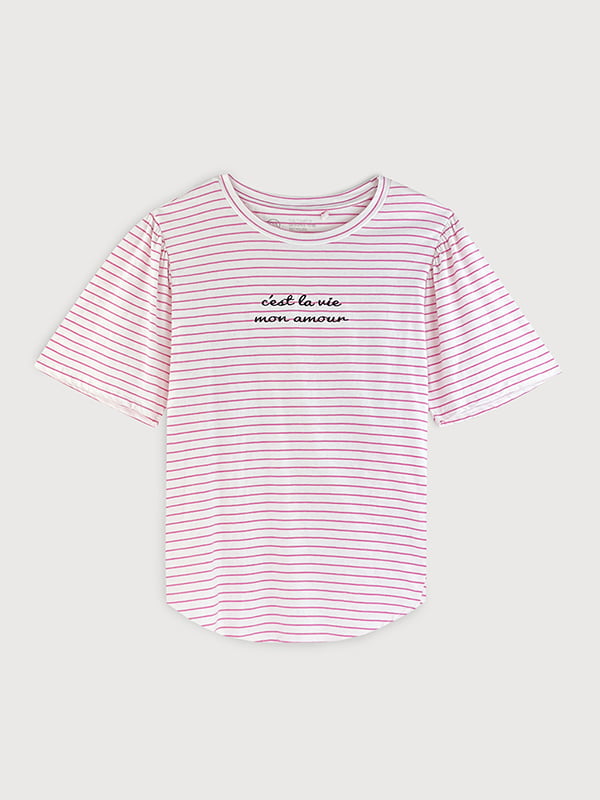 Белая футболка в розовую полоску с широкими рукавами | 6632098