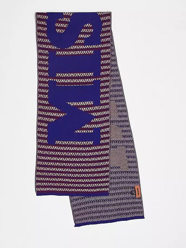 Напіввовняний синій шарф в смужку з написом | 6632105