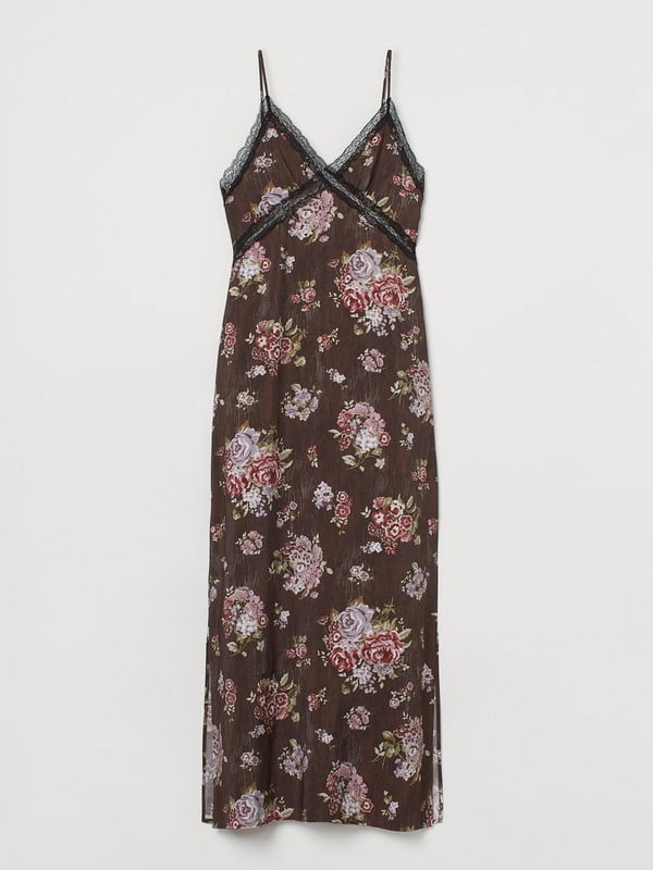 Платье в бельевом стиле темно-коричневое в цветочный принт | 6632904