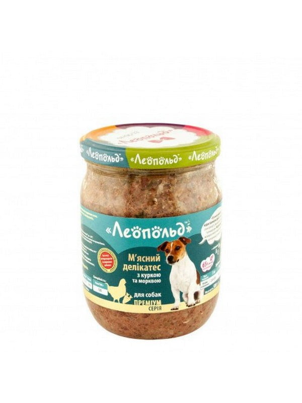 Консерва для взрослых собак Леопольд Премиум мясной деликатес курица морковь 500 г | 6654235