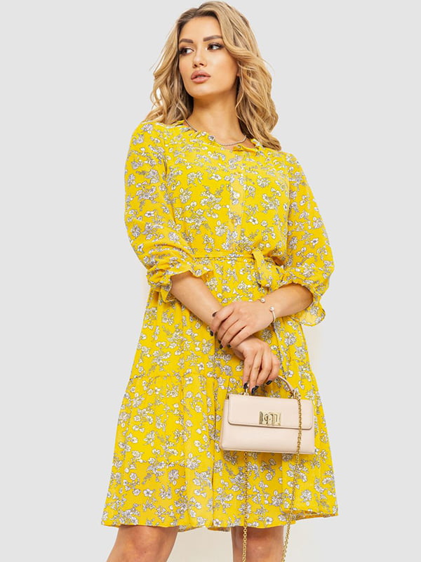 Платье А-силуэта желтое в цветочный принт | 6664790