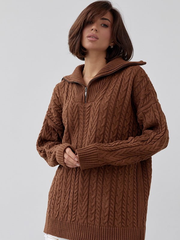 Коричневий светр oversize з косами і коміром на блискавці | 6664852