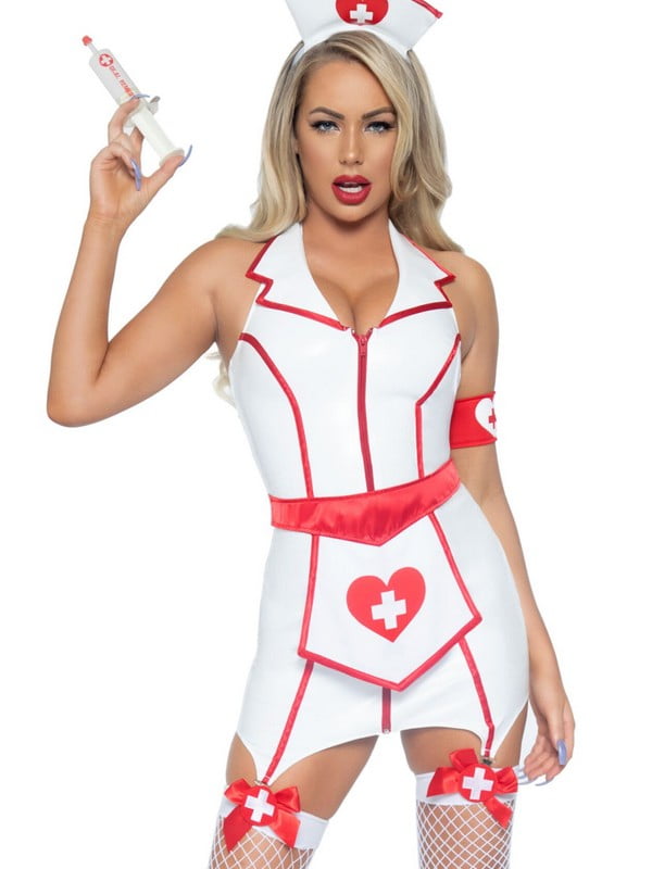 Вініловий костюм медсестри: сукня, фартух, манжета, головний убір | 6678581
