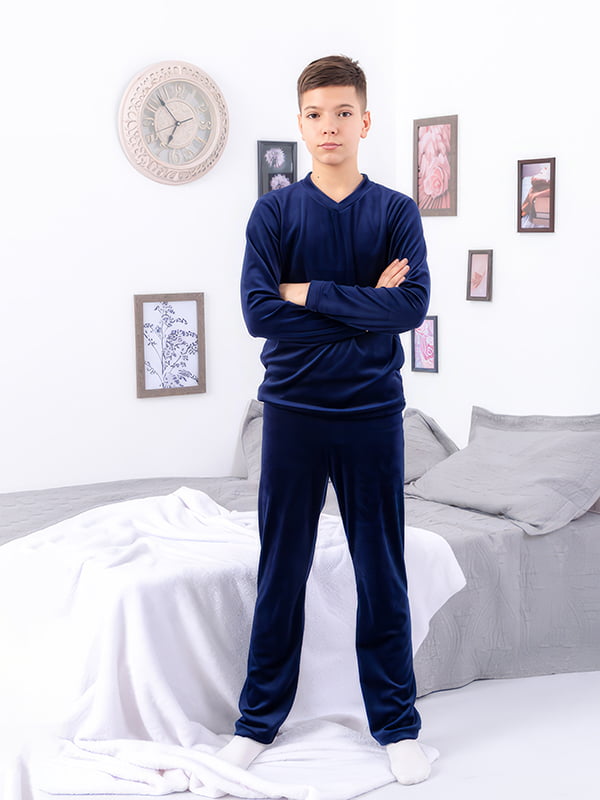 Велюрова чорнильно-синя піжама: джемпер і штани | 6683427