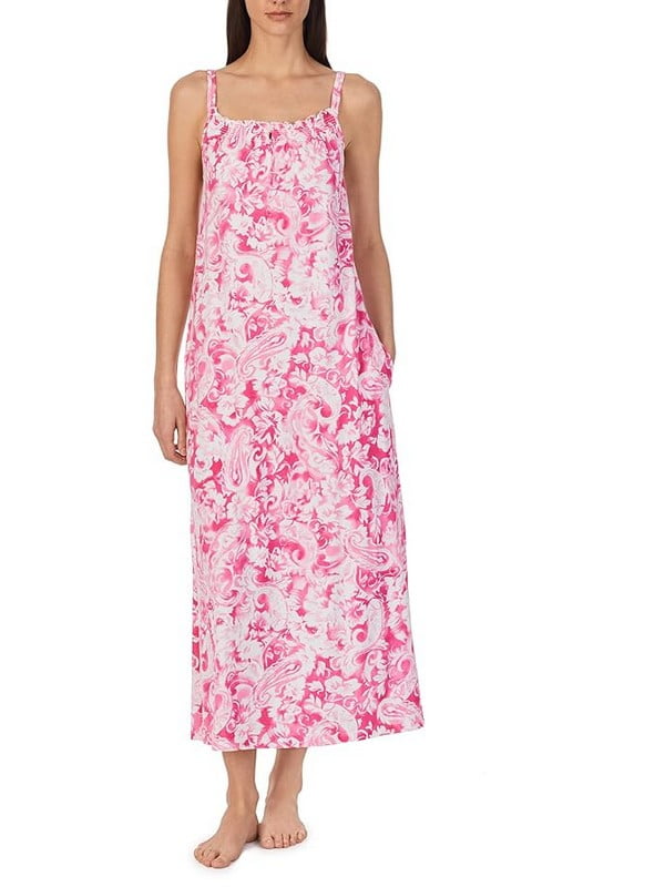 Принтованное розовое домашнее платье на тонких двойных бретелях | 6685449