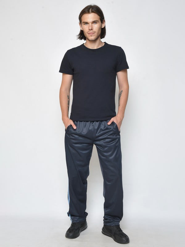 Спортивные штаны темно-синего цвета с контрастными полосками | 6686798