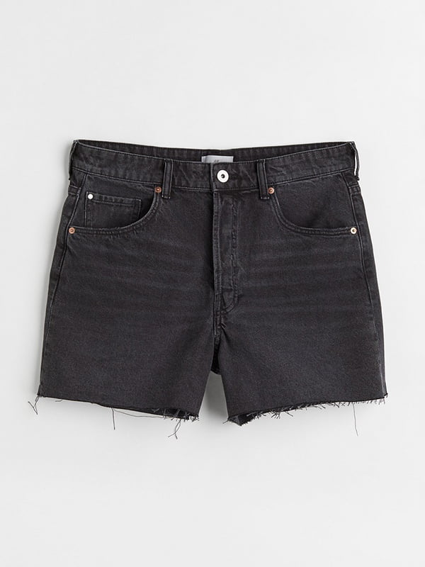 Шорты джинсовые из плотного денима и необработанным краем темно-серого цвета | 6697427