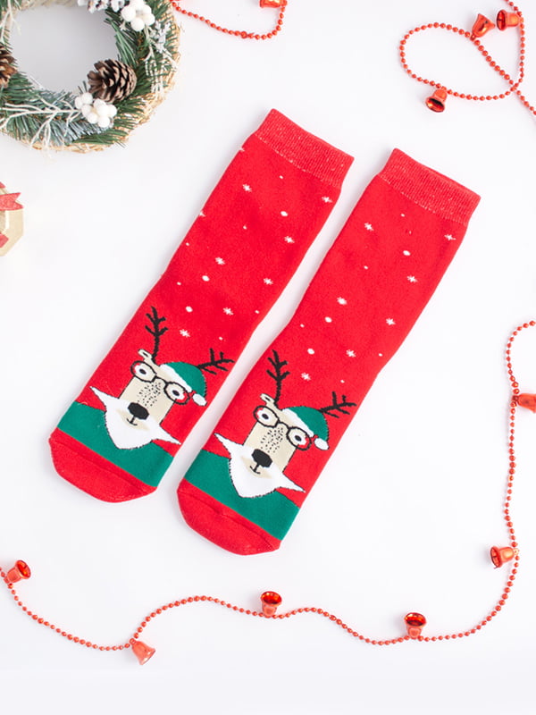 Шкарпетки махрові новорічні червоного кольору з принтом "Олень" | 6697912