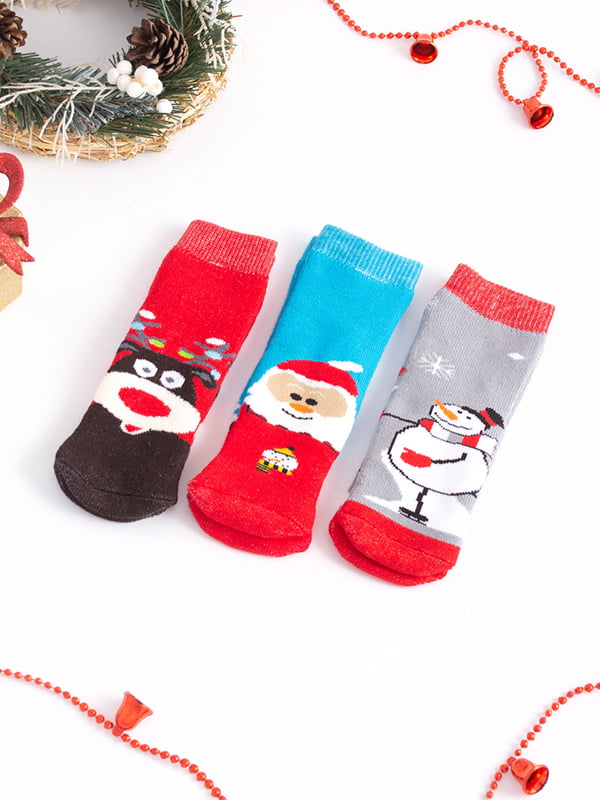 Набір махрових дитячих шкарпеток з новорічним принтом (3 пари) | 6698044