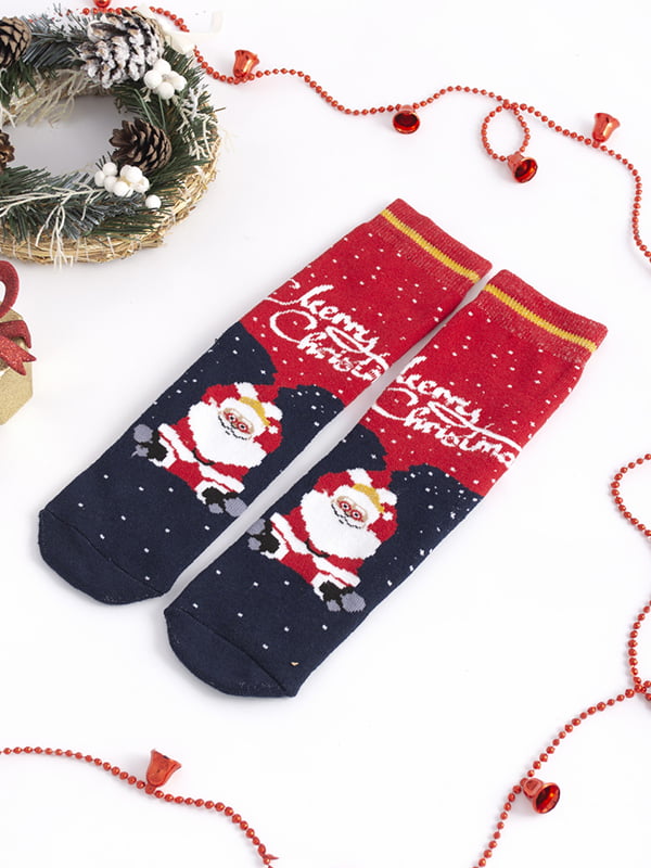 Махровые новогодние  носки красно-черного цвета с принтом “Merry Christmas” | 6698049