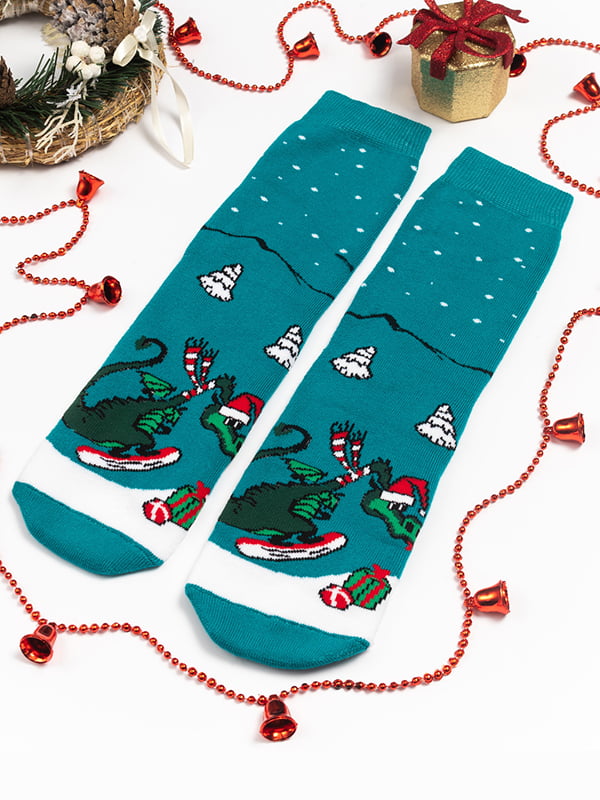 Махрові новорічні шкарпетки блакитного кольору з принтом "Дракон" | 6698633