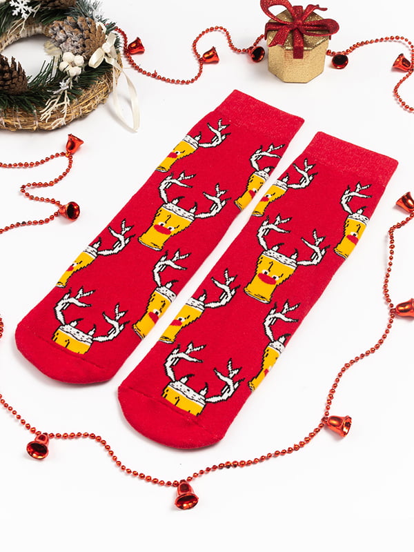 Шкарпетки чоловічі махрові червоного кольору з принтом "Санта в окулярах" | 6698639