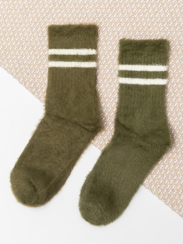 Жіночі вовняні шкарпетки кольору хакі зі смужками | 6698654