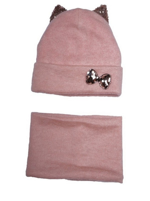 Комплект персикового кольору: шапка з вушками і шарф-хомут | 6701494