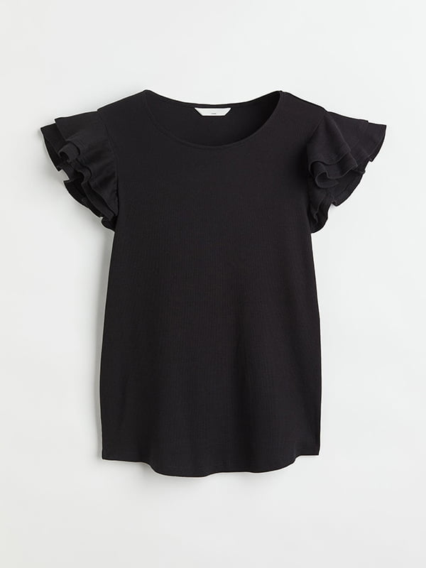 Чорна футболка для вагітних з рюшами на рукавах | 6696314