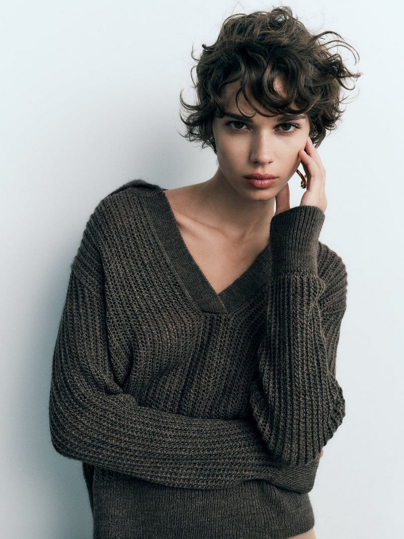 Ажурний трикотажний пуловер кольору хакі | 6705434