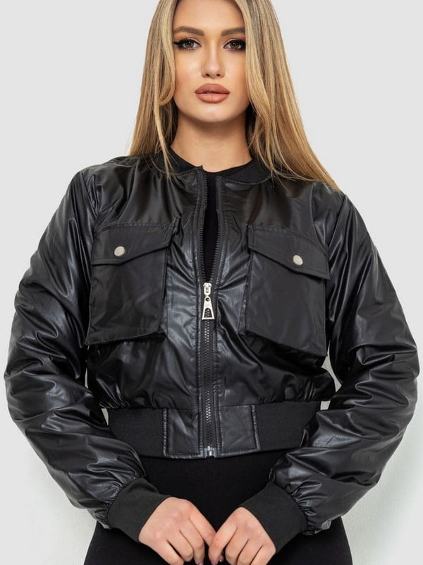 Укороченная черная куртка из экокожи | 6707594