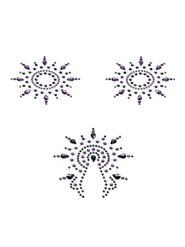 Пестіс з кристалів Petits Joujoux Gloria set of 3 - Black/Purple, прикраса на груди та вульву | 6716749