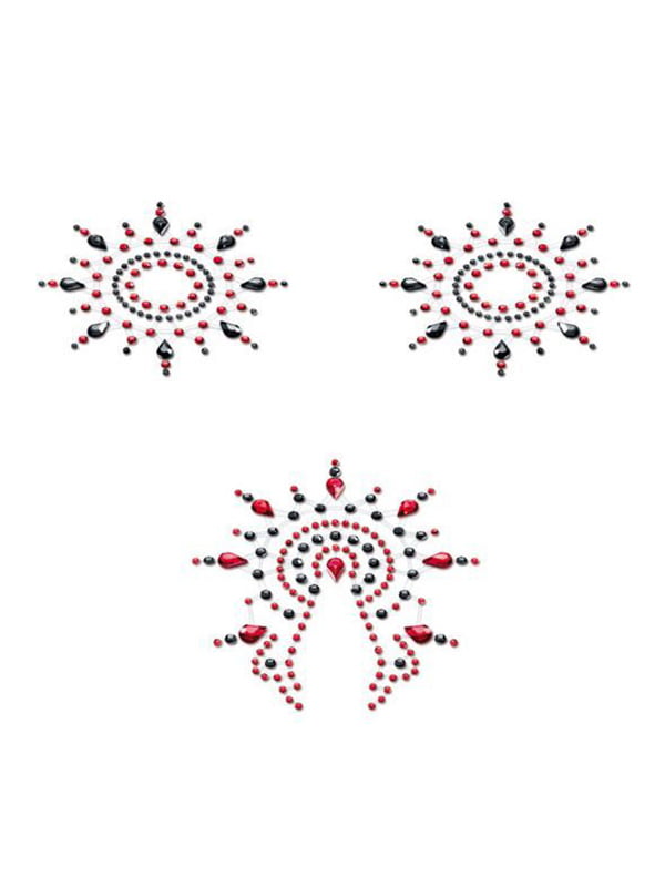 Пестіс з кристалів Petits Joujoux Gloria set of 3 - Black/Red, прикраса на груди та вульву | 6716750