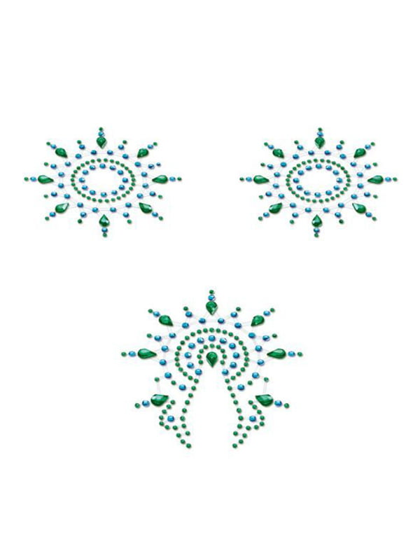 Пестіс з кристалів Petits Joujoux Gloria set of 3 - Green/Blue, прикраса на груди та вульву | 6716752