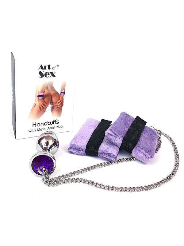 Наручники з металевою анальною пробкою Art of Sex Handcuffs with Metal Anal Plug size M Purple | 6718903