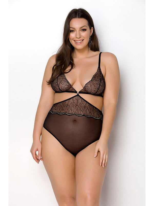 Боді Passion Amberly Body 4XL/5XL black, асиметричний крій, мереживний ліф, золота нитка | 6719563